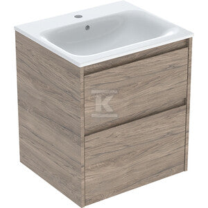 Zestaw umywalki meblowej Selnova Square, slim rim, z szafką pod umywalkę, z dwoma szufladami: 55x62.1x48cm, Szerokość umywalki=55cm, Umywalka: biały, Korpus, Front: orzech hickory / melaminowa struktura drewna