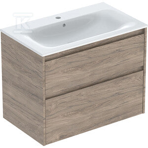 Zestaw umywalki meblowej Selnova Square, slim rim, z szafką pod umywalkę, z dwoma szufladami: 80x62.1x48cm, Szerokość umywalki=80cm, Umywalka: biały, Korpus, Front: orzech hickory / melaminowa struktura drewna
