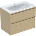 Zestaw umywalki meblowej Selnova Square, slim rim, z szafką pod umywalkę, z dwoma szufladami: 80x62.1x48cm, Szerokość umywalki=80cm, Umywalka: biały, Korpus, Front: dąb naturalny / melaminowa struktura drewna