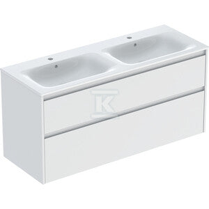 Zestaw podwójnej umywalki meblowej Selnova Square, slim rim, z szafką pod umywalkę, z dwoma szufladami: 130x62.1x48cm, Szerokość umywalki=130cm, Umywalka: biały, Korpus, Front: biały / lakierowany jedwabny mat