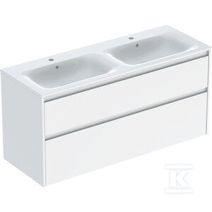 Zestaw podwójnej umywalki meblowej Selnova Square, slim rim, z szafką pod umywalkę, z dwoma szufladami: 130x62.1x48cm, Szerokość umywalki=130cm, Umywalka: biały, Korpus, Front: biały / lakierowany jedwabny połysk