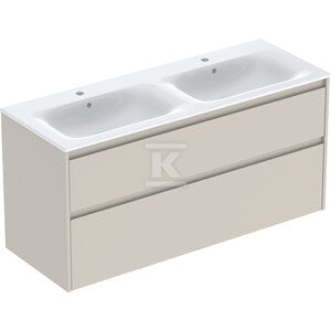 Zestaw podwójnej umywalki meblowej Selnova Square, slim rim, z szafką pod umywalkę, z dwoma szufladami: 130x62.1x48cm, Szerokość umywalki=130cm, Umywalka: biały, Korpus, Front: piaskowoszary / lakierowany jedwabny mat