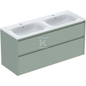 Zestaw podwójnej umywalki meblowej Selnova Square, slim rim, z szafką pod umywalkę, z dwoma szufladami: 130x62.1x48cm, Szerokość umywalki=130cm, Umywalka: biały, Korpus, Front: szałwiowozielony / lakierowany jedwabny mat