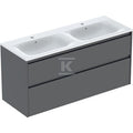 Zestaw podwójnej umywalki meblowej Selnova Square, slim rim, z szafką pod umywalkę, z dwoma szufladami: 130x62.1x48cm, Szerokość umywalki=130cm, Umywalka: biały, Korpus, Front: lava / lakierowany jedwabny mat
