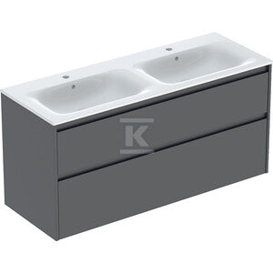 Zestaw podwójnej umywalki meblowej Selnova Square, slim rim, z szafką pod umywalkę, z dwoma szufladami: 130x62.1x48cm, Szerokość umywalki=130cm, Umywalka: biały, Korpus, Front: lava / lakierowany jedwabny mat