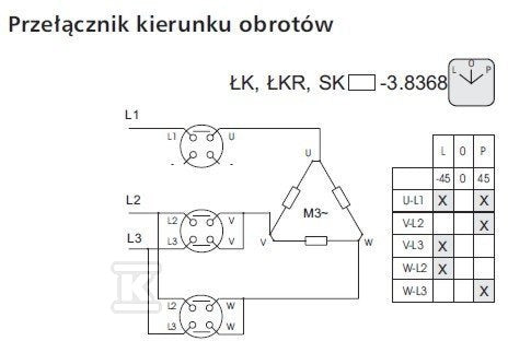Łącznik krzywkowy 10A, przełącznik zmiany kierunku obrotów L-0-P, w obudowie OB11,