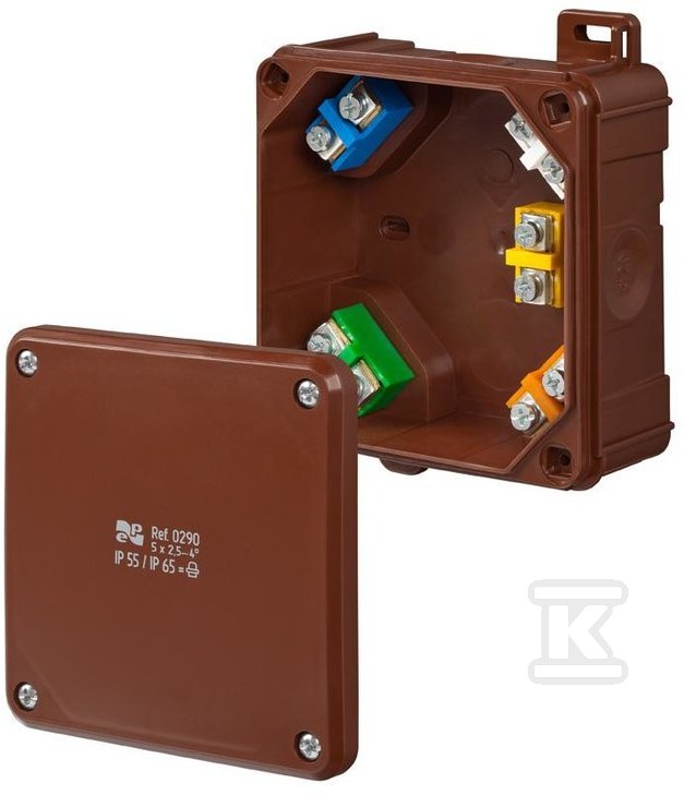 Puszka 2K IP55 / IP65 98x98x46 5x2,5-4mm2 z zaciskami, Brązowa