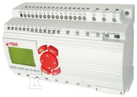Przekaźnik programowalny NEED-24DC-22-16-8T-D z wyświetlaczem wejścia 16 wyjścia 8 półprzewodnikowych 0,5A/24VDC napięcie zasilające 24VDC Wskaźniki LED IP 20