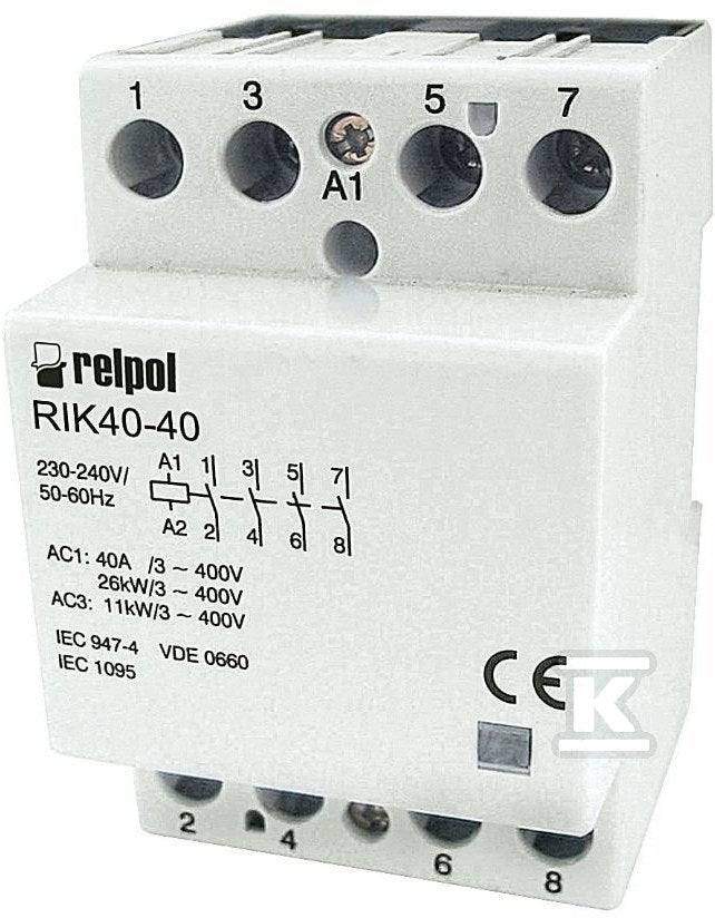 Stycznik instalacyjny, 4-biegunowy - 4N/O, Ith - 40 A, cewka: 230VAC