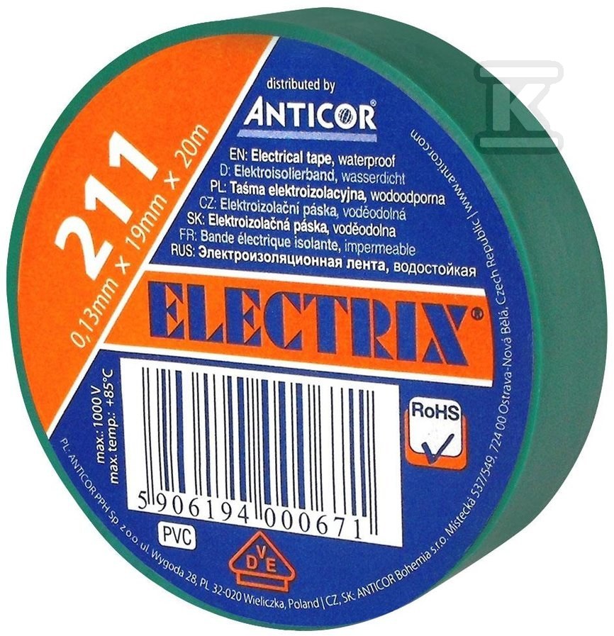 Taśma ELECTRIX 211, zielona 19 mm x 20 m