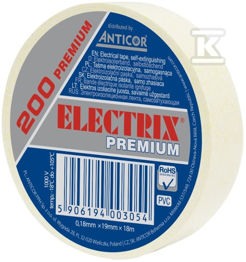 Taśma ELECTRIX 200 Premium, biała 19 mm x 18 m