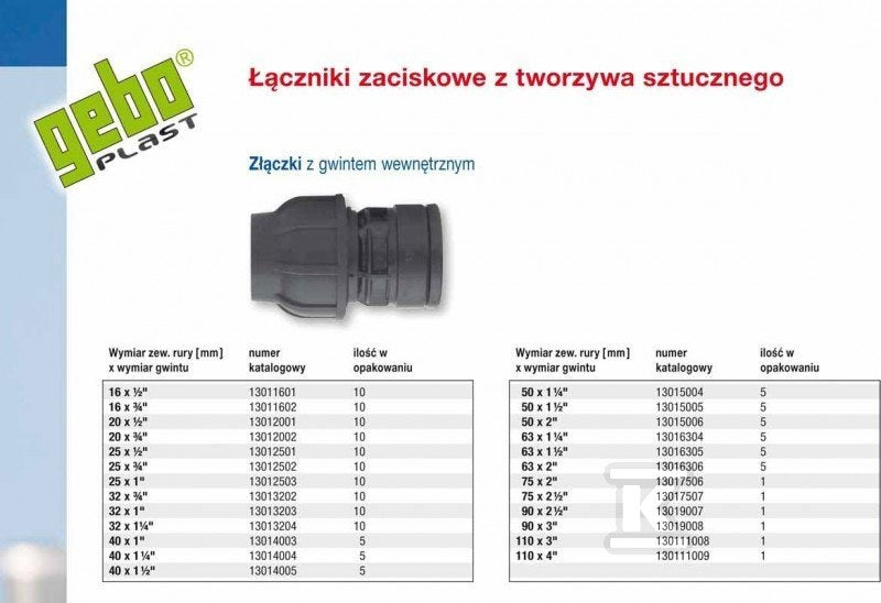 Złączka zaciskowa PP 32x1" GW gwint wewnętrzny PN16, do rur PE, kolor czarny