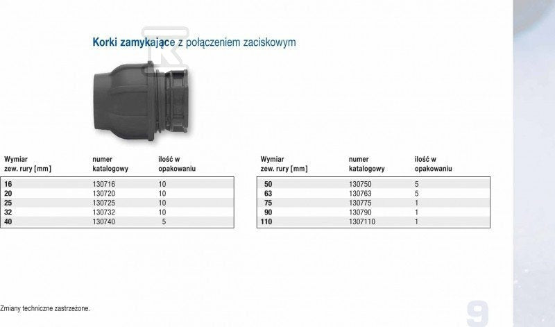 Korek zaciskowy PP 20 PN16 PN16, do rur PE, kolor czarny