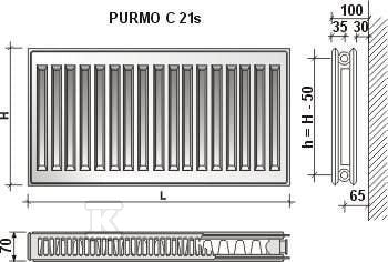 Grzejnik PURMO C21S 450x1200, moc grzewcza: 1272W (75/65/20°C), grzejnik stalowy płytowy z podłączeniem bocznym, PURMO Compact, biały RAL9016