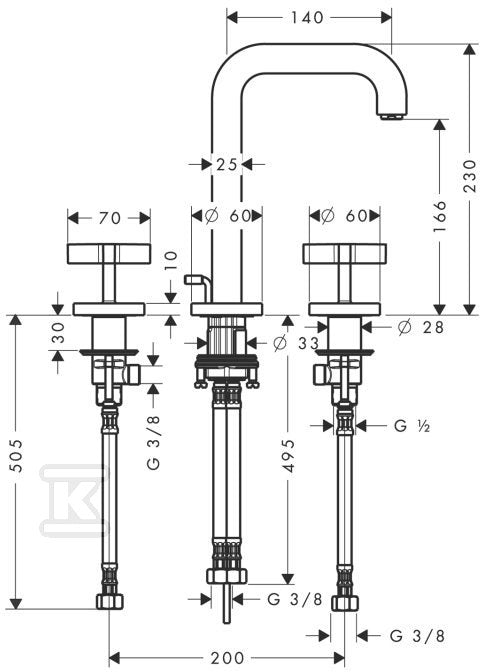 Bateria umywalkowa Hansgrohe Axor Citterio trzyotworowa z uchwytami krzyżowymi bez płytki chrom 39133000