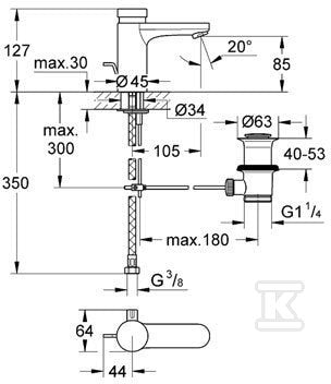 Bateria umywalkowa Grohe Eurosmart Cosmopolitan T samozamykająca, z mieszaczem zestaw odpływowy z drążkiem pociąganym 1 1/4"