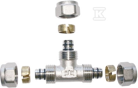 Trójnik skręcany redukcyjny, niklowany do rur wielowarstwowych 20mm x 16mm x 20mm