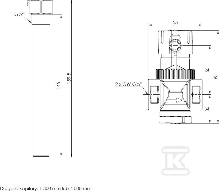 Temperaturowy zawór ochronny kotła TAS, Kapilara 130CM, tuleja 146mm, gwint wewnętrzny 3/4", temperatura otwarcia 99 C