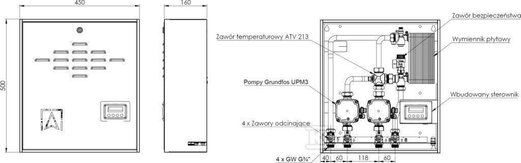 Zestaw separacyjny PrimoBox AHB 622 w szafce, 2 pompy Grundfos UPM3 Auto, zawór termostatyczny ATV 213 (45°C)