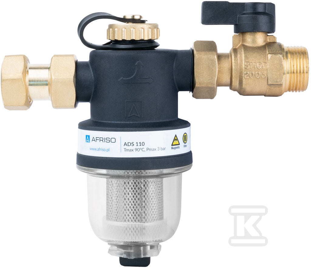 Kompaktowy magnetyczny separator zanieczyszczeń ADS 110, uniwersalne przyłącza G3/4", Kvs 5,2 m3/h, z zaworem odcinającym i złączką