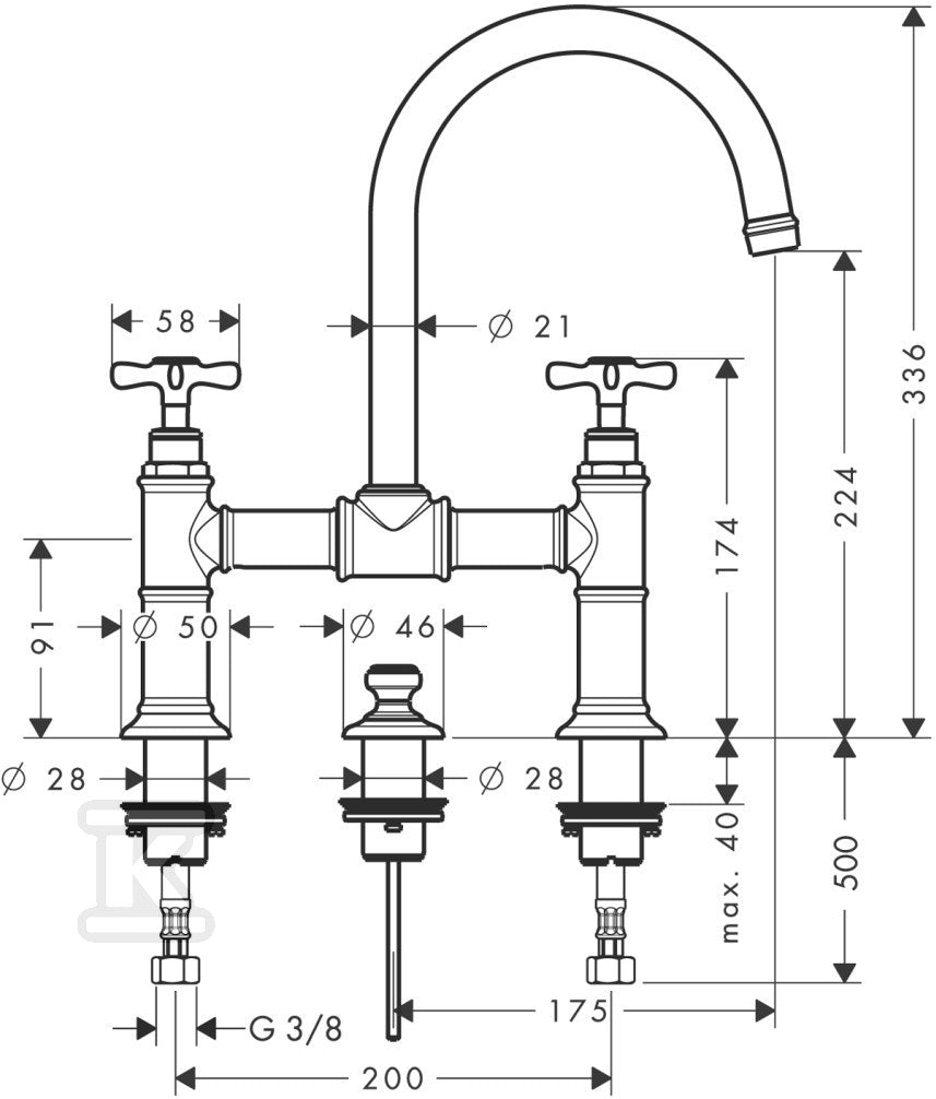 Bateria umywalkowa Hansgrohe Axor Montreux dwuuchwytowa z mostkiem, DN15 - nikiel szczotkowany 16510820