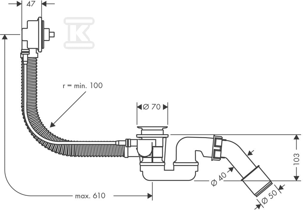 Hansgrohe Flexaplus, elastyczny odpływ i przelew wannowy G 1 1/2, długość cięgła Bowdena 520 m 58140180