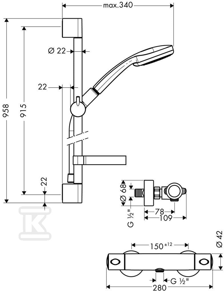 Hansgrohe Croma 100 Multi/Ecostat Combi, DN15, z drążkiem prysznicowym Unica'C - chrom 27085000