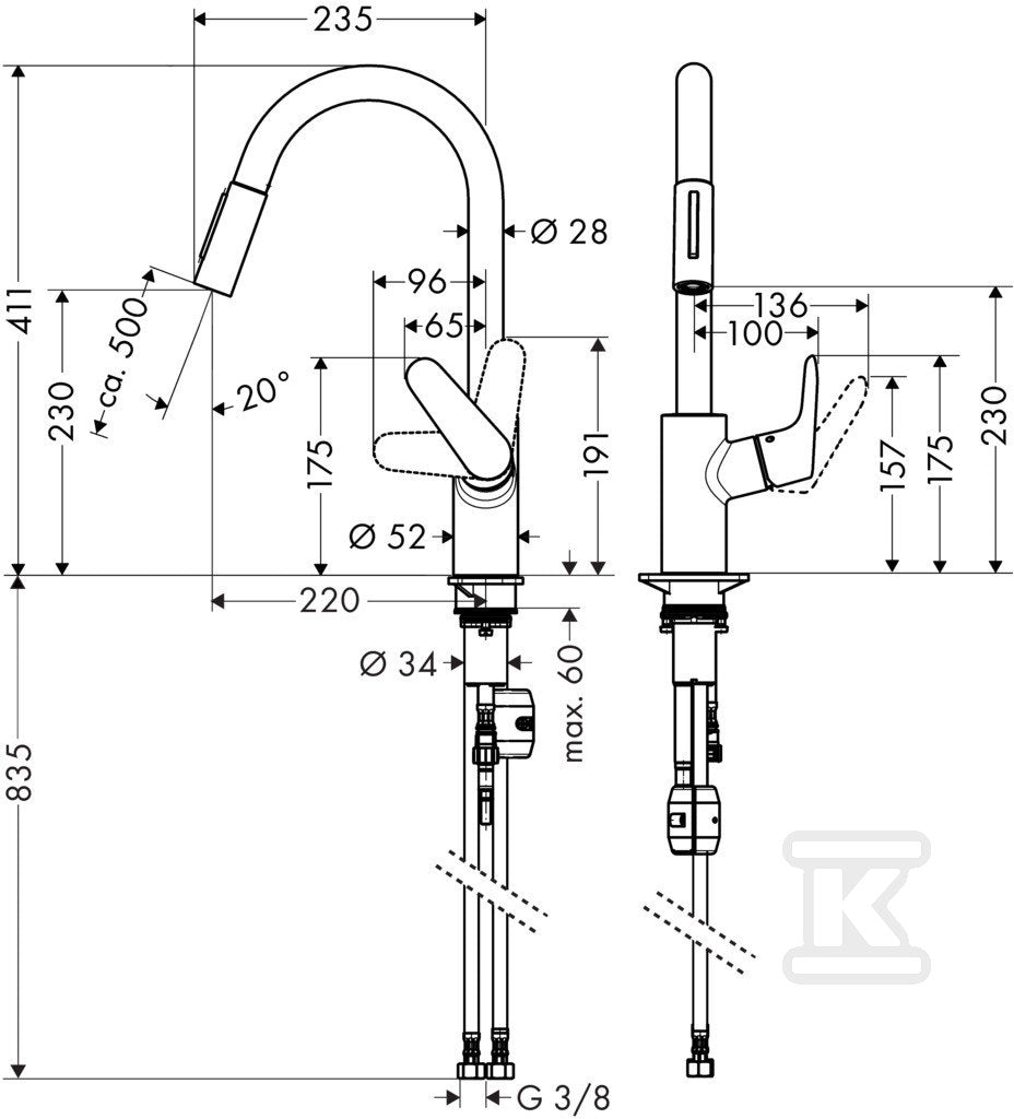 Bateria kuchenna Hansgrohe Focus jednouchwytowa z wyciąganą wylewką 31815000