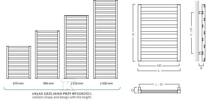 Grzejnik drabinkowy POPPY 500X990, 431W, podłączenie dolne, rozstaw=465mm, kolor=biały połysk (c35)