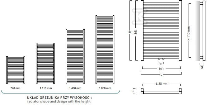 Grzejnik drabinkowy STICK 500x740 366W, podłączenie dolne, rozstaw= 470mm, kolor: biały połysk (c35)
