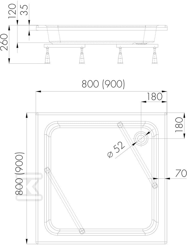 Brodzik akrylowy standard Zefir kwadrat 90x90x26 głębokość 12 cm 3.212. W zestawie: brodzik akrylowy, stelaż L06