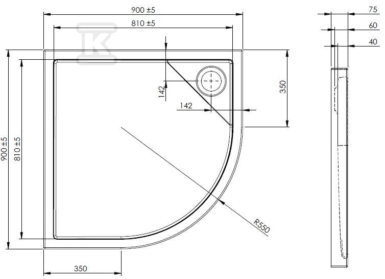 Brodzik 90x90x7,5 Granada Rondo Medio R-55