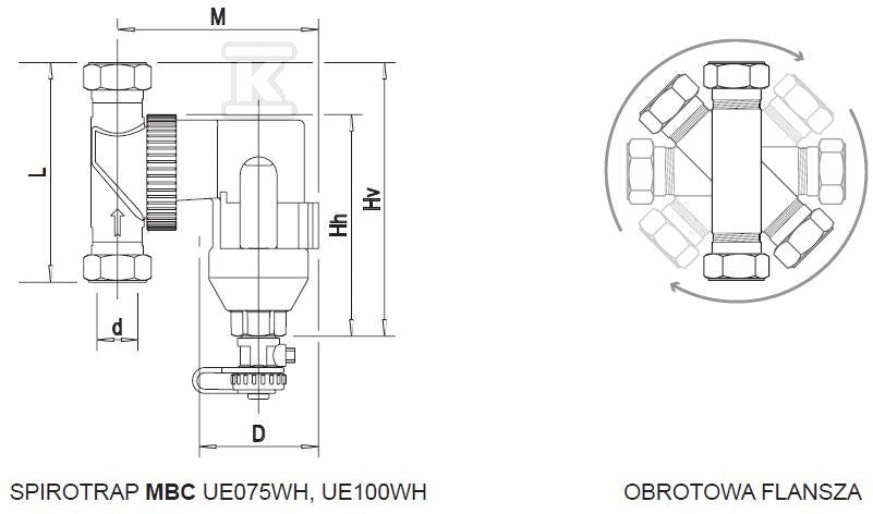 Separator zanieczyszczeń Spirotrap MBC 1", z magnesem, obrotową flanszą, i zaworem spustowym.
