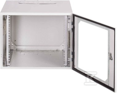 Szafa wisząca 19" 9Ux600x600 mm IP 54, ściany boczne pełne, drzwi z szybą, wewnętrzna, RAL 7035