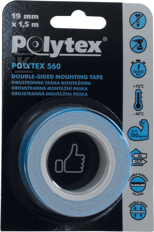 Taśma Polytex 560 dwustronna biała montażowa, 19 mm x 1,1 mm x 1,5 m