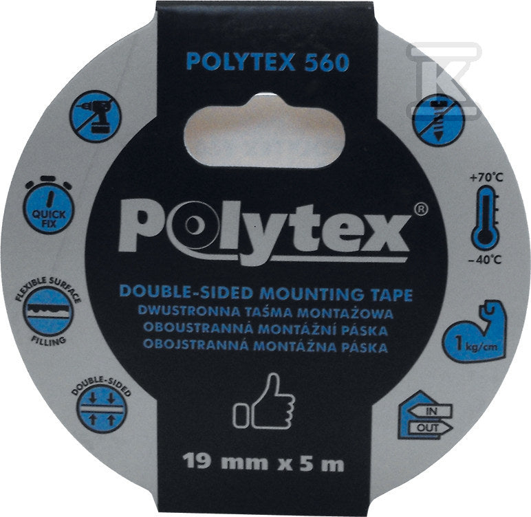 Taśma Polytex 560 dwustronna biała montażowa, 19 mm x 1,1 mm x 5 m