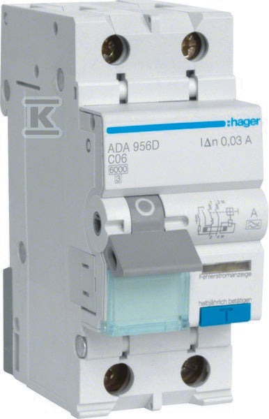 Wyłącznik różnicowoprądowy z członem nadprądowym C/6KA, 6A, 30mA, 2 biegunowy, typ A