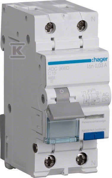 Wyłącznik różnicowoprądowy z członem nadprądowym C/6KA, 16A, 30mA, 2 biegunowy, typ AC