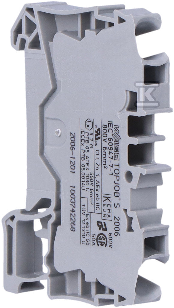 Złączka 2-przewodowa przelotowa 6 mm do zastosowań Ex e II opis z boku i na środku na szynę TS 35 x 15 i 35 x 7,5 Push-in CAGE CLAMP 6,00 mm szara
