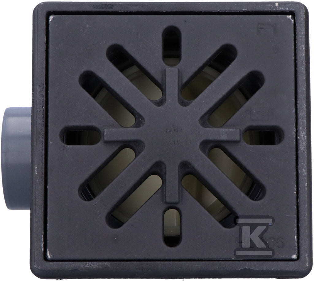 Wpust podwórzowy Perfekt DN110 z odejściem poziomym, ramą z żeliwa 260x260mm, kratką ściekową z żeliwa 226x226mm, klapą antyzapachową i koszem osadczym