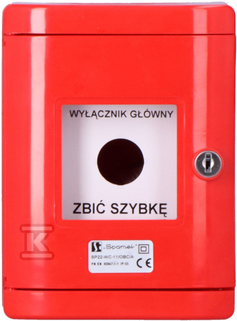 Przycisk (PPOŻ) SP22 w obudowie zamykanej na kluczyk o stopniu ochrony IP55 , pierścień niklowany