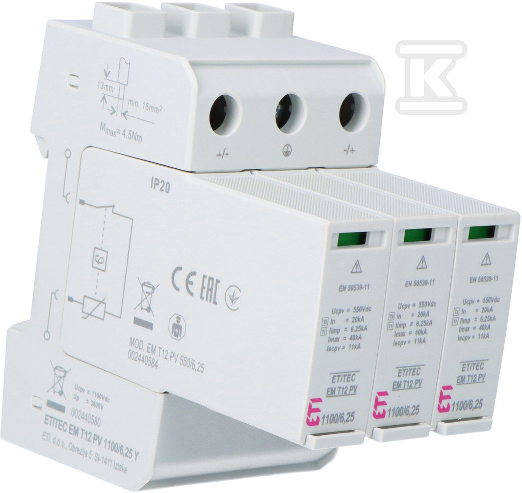 Ogranicznik przepięć T1 T2 (B i C) do systemów PV ETITEC EM T12 PV 1100/6,25 Y