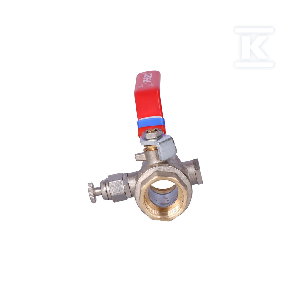 Zawór kulowy nakrętno-nakrętny z dźwignią, z odpowietrznikiem i korkiem, 1/2", F-Power