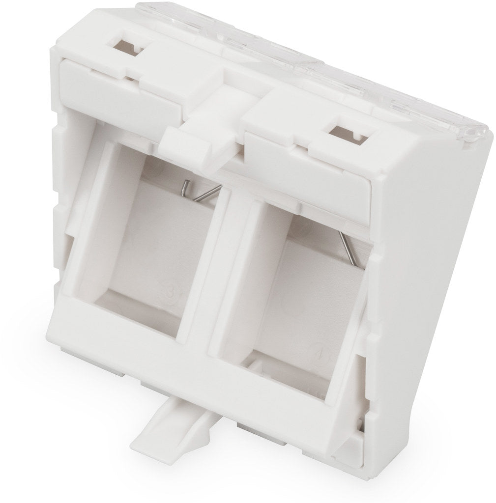 Adapter kątowy M45 2x Keystone, 45x45mm p/kurz. opis., biały
