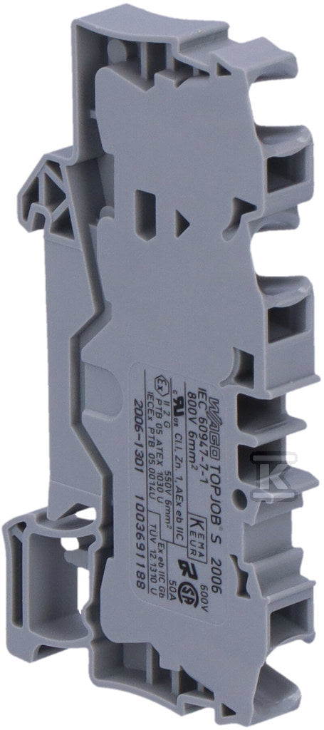 Złączka 3-przewodowa przelotowa 6 mm do zastosowań Ex e II opis z boku i na środku na szynę TS 35 x 15 i 35 x 7,5 Push-in CAGE CLAMP 6,00 mm szara