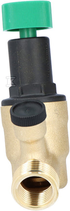 Regulator ciśnienia, DN15 gwinty przyłączeniowe: 1/2" wewnętrzny i 3/4" zewnętrzny na każdym z króćców. Przyłącze pod manometr: G1/4"