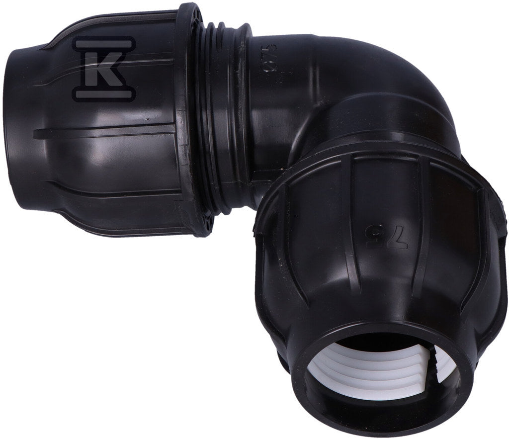 Kolano zaciskowe PP 90st. 75x75 PN10, do rur PE, kolor czarny