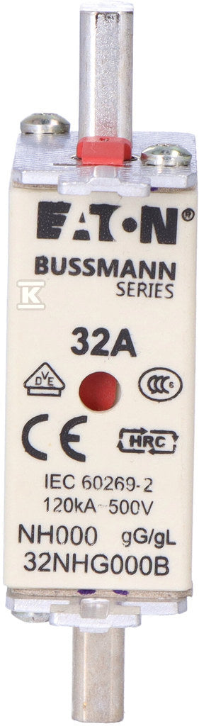 Wkładka bezpiecznikowa, LV, 32 A, AC 500 V, NH000, gL/gG, IEC, podwójny wskaźnik