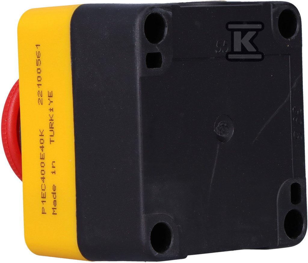 Kaseta czarno-żółta, stop bezpieczeństwa, ryglowany 40 mm (1NC) z tabliczką opisową "Emergency Stop" T0-P1EC400E40K
