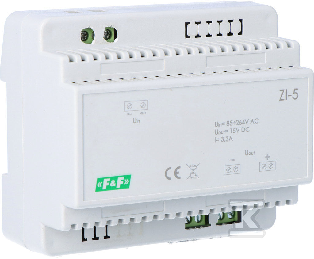Zasilacz impulsowy ZI-5, napięcie wejściowe 85-264V AC, napięcie wyjściowe 5, 12, 15, 18, 24, 48 V DC, P=50W, 6 modułów